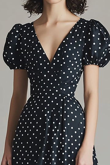 A Line Black White Polka Dot Casual Dress wiht Puff Sleeves